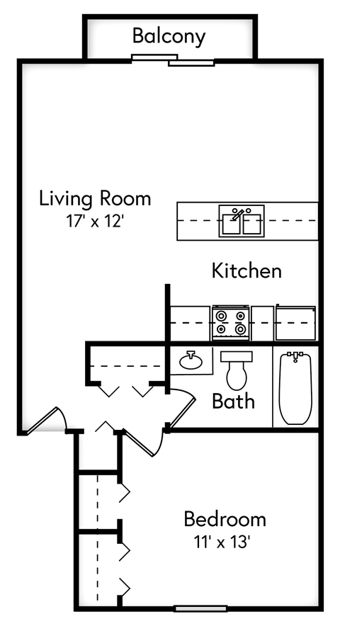 Floor plan for 1 bed, 1 bath, 640 sqft